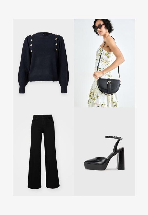Temno modra pletena pulover s okroglim izrezom, dolgimi napihnjenimi rokavi in dekorativnimi zlatimi gumbi ob levem ramu. Rebrast rob.; Črne široke denim hlače s strukturiranim pasom, z zankami za pas in sprednjimi žepi. Gladka tekstura s klasičnim dizajnom.; Črne platforme z visokimi petami in koničastim nosom ter nastavljivim gležnjenjskim trakom. Narejene iz gladke usnje, s kockasto peto.; Črna usnjena torbica s ukrivljeno obliko, z odstranljivo naramnico in zlatimi dodatki. Torbica ima pokrov s podrobnostmi v obliki zaponke.