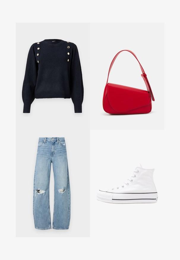 Ciemnogranatowy dziany sweter z okrągłym dekoltem, długimi bufkami oraz dekoracyjnymi złotymi guzikami wzdłuż lewego ramienia. Z ribbowanym dołem.; Jasnoniebieskie, wysokiej talii dżinsy wykonane z denimu. Posiadają szerokie nogawki, dwa podarte miejsca na kolanach oraz klasyczne pięć kieszeni.; Białe wysokie trampki z płótna z czarną gumową podeszwą, przednim czubkiem z gumy i sześcioma dziurkami na sznurowadła, charakteryzujące się prostym, minimalistycznym designem.; Czerwona skórzana torebka o kanciastym, geometrycznym designie. Posiada jedną regulowaną rączkę oraz zapięcie na klapę z przeszyciami.