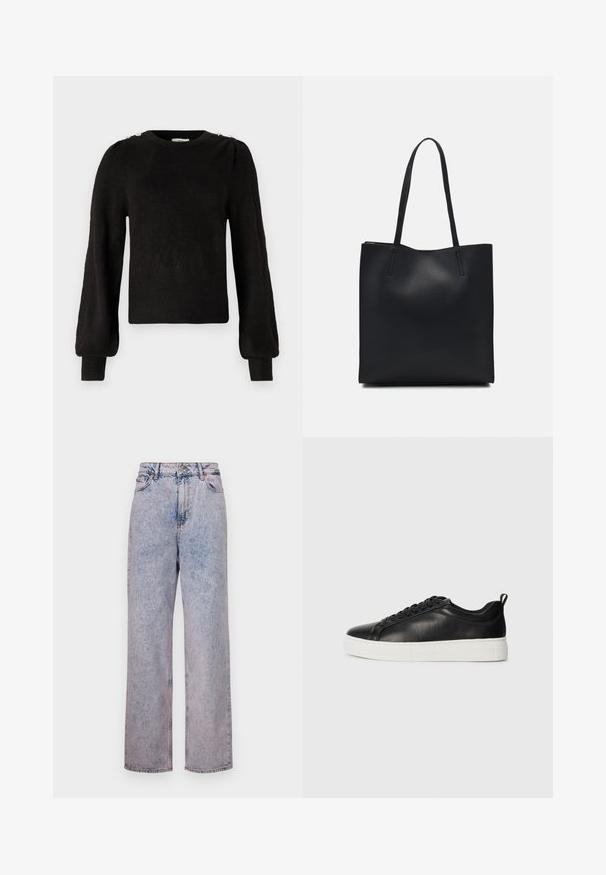 JDY JDYELANORA O NECK BUTTON - Strickpullover - black; Hellblaue Jeans aus Denim mit einem entspannten, geraden Schnitt, hoher Taille, fünf Taschen und bronzenen Knopfdetails.; Schwarze niedrige Leder-Sneaker mit schwarzen Schnürsenkeln und dicker weißer Gummisohle, von der Außenseite auf weißem Hintergrund betrachtet.; Schwarze Laptoptasche aus Leder mit glatter Textur, rechteckiger Form und zwei langen Griffen. Keine sichtbaren Beschläge oder Verzierungen.