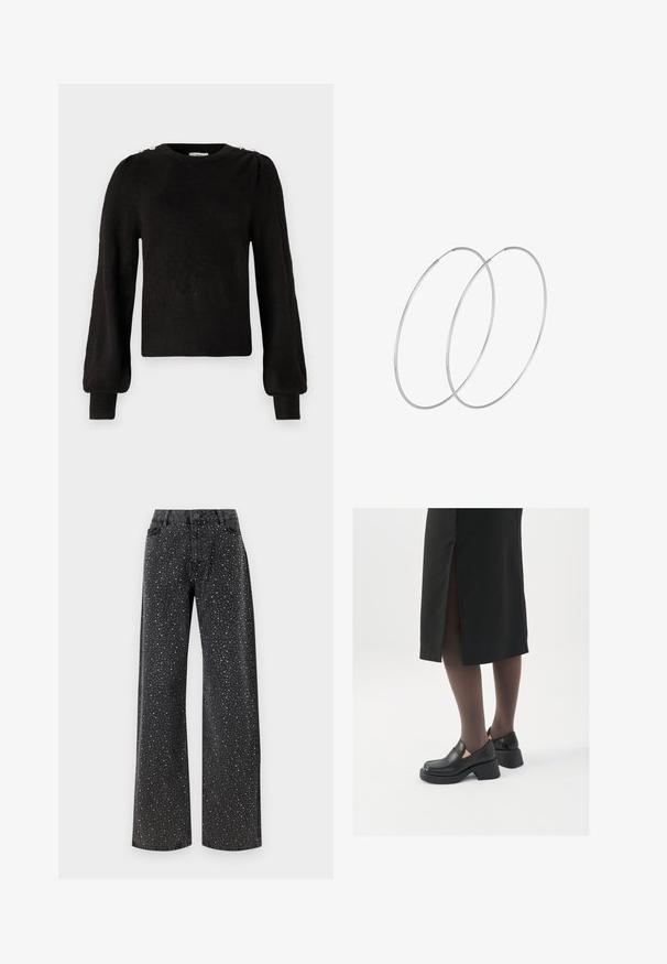 JDY JDYELANORA O NECK BUTTON - Džemperis - black; Noisy May NMJANNEL LOOSE - Brīva piegriezuma džinsi - black denim; Melni ādas apavi ar noapaļotu purngalu, biezām bloku papēžiem un elastīgiem sānu akcentiem, apvienoti ar tumšām zeķubiksēm un melnu svārku ar šķirbu.; Sudraba gredzenveida auskari ar minimālistisku dizainu. Cirkulāra forma, gluda tekstūra un plāns profils. Vieglu svaru ar spīdīgu apdari.