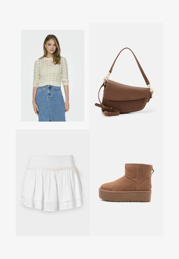 Suéter de punto en marfil con un patrón de puntos caídos, cuello redondo y mangas largas, combinado con una falda de mezclilla azul claro con una abertura frontal.; Falda blanca de capas con cintura elástica, que presenta un detalle de fruncido texturizado y un acento de cinta decorativa. Tejido de algodón.; Botín de ante en color marrón claro con suela de plataforma, punta redondeada y detalles de costura; cuenta con una lengüeta en la parte trasera para facilitar su uso.; Bolso de hombro de cuero marrón con acabado texturizado, forma curvada, herrajes en tono dorado, correa ajustable y cierre de solapa.