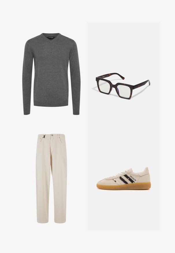 Szürke V-nyakú pulóver hosszú ujjal, sima kötött anyagból készült. Bordázott mandzsettával és szegéllyel rendelkezik, minimalista dizájnnal, mintázatok vagy díszítések nélkül.; Fehér, hosszú ujjú, gombos ing, sima anyagból készült. Klasszikus nyakkal, elöl gombokkal és egy gombos mandzsettával rendelkezik. Slim fit fazon.; Bézs színű pamut nadrág egyenes szárú szabással, elülső zsebekkel és gombos záródással. Simaszerű textúra minimális részletezéssel.; Beige bőr sneaker fekete csíkokkal és "Spezial" felirattal, texturált gumitalppal és klasszikus fűzős kialakítással.; Négyzet alakú napszemüveg teknőspáncél Acetát kerettel és áttetsző lencsékkel. Széles szárakkal és matt felülettel rendelkezik, ami növeli a tartósságot.; Ezüst árnyalatú gyűrű, ovális, textúrált foglalattal, kiemelkedő díszítő elemmel. Bonyolult részletek ölelik körül a középső díszítést.