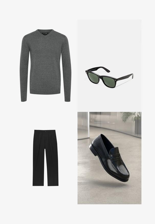 Grå V-ringad tröja med långa ärmar, gjord av ett slätt stickat tyg. Har ribbade muddar och nederkant, minimalistisk design utan mönster eller dekorationer.; Vit långärmad skjorta med knappar gjord av mjukt tyg. Har en klassisk krage, framknappar och ärmändar med en knapp. Slim fit-design.; Svarta byxor med rak ben-design, tillverkade av ett jämnt tyg. Har framfickor och en enkel knapplåsning i midjan.; Svarta läderskor med slät yta, rundad tå, dekorativ söm och en något upphöjd yttersula.; Svarta plastsolglasögon med gröna linser, fyrkantiga bågar, silverdetalj på ögonbrynet och texturerade skalmar. Angiven märkning på den inre skalmen.