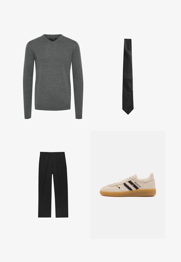 Šedý svetr s výstřihem do V a dlouhými rukávy, vyrobený z hladké pleteniny. Má žebrované manžety a lem, minimalistický design, bez vzorů nebo výzdoby.; Bílá košile s dlouhým rukávem a knoflíkovým zapínáním vyrobená z hladké látky. Má klasický límeček, přední knoflíky a manžety na jeden knoflík. Úzký střih.; Černé kalhoty s rovnými nohavicemi, vyrobené z hladké tkaniny. Mají přední záhyby a jedno knoflíkové zapínání v pase.; Béžové semišové tenisky s černými pruhy a textem "Spezial", mají texturovanou gumovou podrážku a klasický šněrovací design.; Černá kravata s texturovaným povrchem, úzkým tvarem a špičatým koncem. Látka vypadá hladce s jemným vzorem.