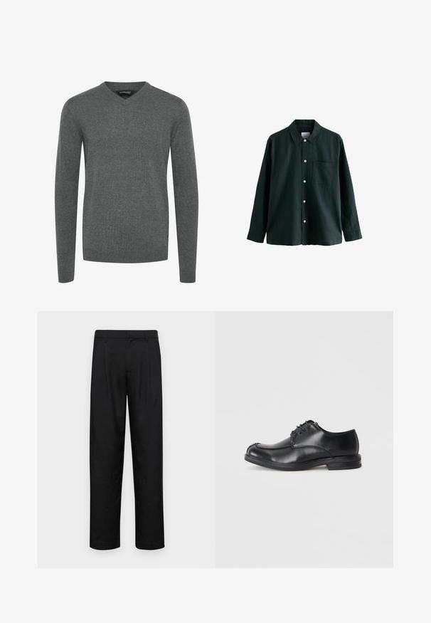 Szary sweter V-neck z długimi rękawami, wykonany z gładkiego dzianinowego materiału. Posiada prążkowane mankiety i dół, minimalistyczny design, bez wzorów czy ozdób.; Ciemnozielona koszula z długim rękawem i kołnierzykiem, posiadająca jedną kieszeń na piersi; wyróżnia się białymi guzikami i miękką fakturą.; Czarne spodnie wykonane z gładkiego materiału, z prostą nogawką, dwoma fałdami z przodu oraz standardowym paskiem z wypustkami na pasek.; Czarne skórzane buty na sznurowadła z zaokrąglonym noskiem, gładką fakturą i niskim obcasem. Zawierają detale szycia wzdłuż cholewy i boków.