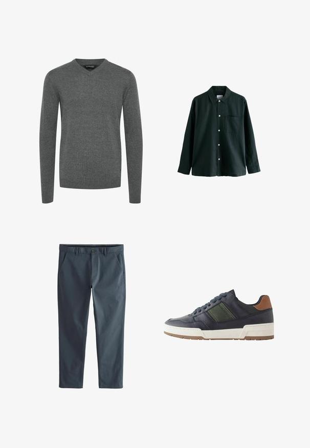 Pilkas V-suknelė su ilgomis rankovėmis, pagaminta iš lygaus mezginio audinio. Turi sutrauktus rankogalius ir apatinę dalį, minimalistinis dizainas, be raštų ar dekoracijų.; Tamsiai žalia marškinėliai su apykakle, ilgomis rankovėmis ir viena krūtinės kišene; turi baltus mygtukus ir švelnų tekstūrą.; Tamsiai pilkos medvilnės mišinys kelnės, su lygiu priekiniu dizainu, dviem šoninėmis kišenėmis ir užtrauktuku su mygtuko uždarymu. Lygi tekstūra ir siaurėjantis kirpimas.; Jūros laivyno odiniai sportbačiai su žalia akcentų juostele, balta pado dalimi ir ruda kulno detalė. Suapvalinta nosis ir tekstūruotas guminis padas.