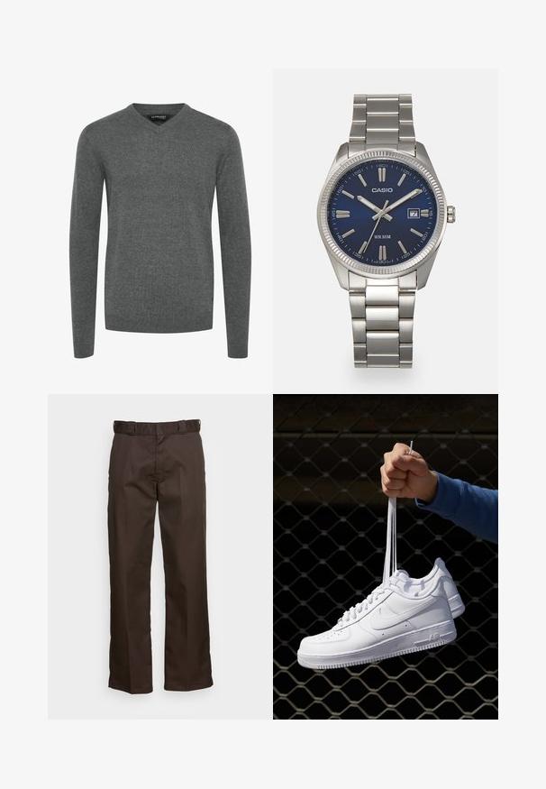 Grå V-hals sweater med lange ærmer, lavet af et glat strikstof. Har ribbede manchetter og kant, minimalistisk design, ingen mønstre eller udsmykninger.; Brune bukser med lige ben, der har en flad front, bæltesløjfer og en glat overflade. Simpelt design uden mønstre eller detaljer.; Hvide lædersneakers med perforeringer, rund tå, flad sål og tykke snørebånd, med et synligt swoosh-logo og "AIR" på hælen.; Sølv rustfrit stål urrem med en marineblå urskive, metallic timemarkører og et datovindue kl. 3. Vandafvisende op til 50 meter.