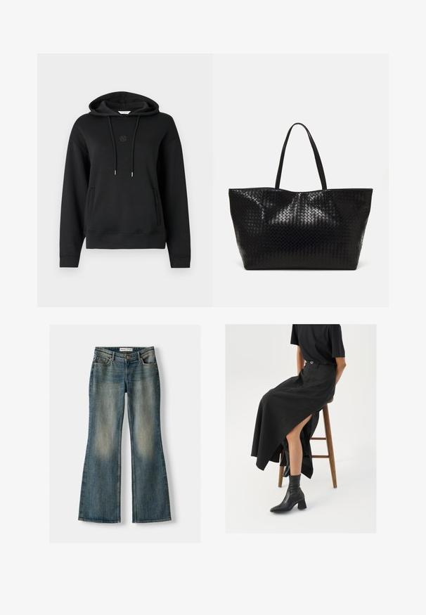 Schwarzer Kapuzenpullover aus weichem Stoff, mit einer vorderen Tasche, Kordeln und einem dezenten Logo, das auf der Brust gestickt ist.; Transparente Bluse mit langen Ärmeln im rot-orangenen Blumenmuster, mit Kragen und Bindeschnurverschluss. Verfügt über geraffte Ärmel mit Kordelzug-Details.; Blaue Schlagjeans mit einem ausgewaschenen Look, fünf Taschen und einem Knopfverschluss. Das Material zeigt eine Denim-Textur mit dezenten Stickdetails.; Schwarzer Leinen-Maxi-Rock mit hohem Schlitz, getragen mit einem schwarzen T-Shirt und schwarzen Knöchelstiefeln. Minimalistisches Design mit lockerer Passform.; Schwarze geflochtene Tragetasche mit zwei stabilen Griffen, die eine glänzende Textur und ein geräumiges offenes Design bietet.