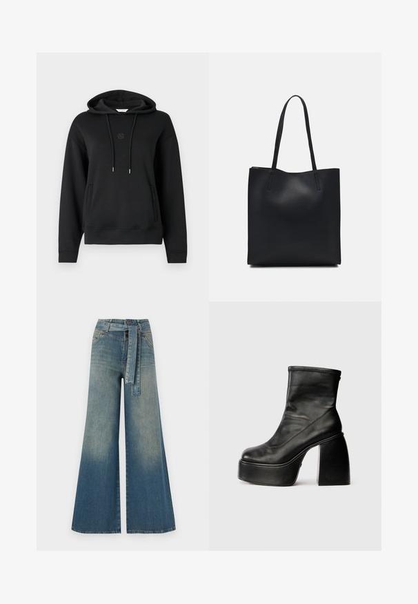 Crna dukserica s kapuljačom izrađena od mekanog materijala, s prednjim džepom, vezicama i diskretnim logotipom izvezenim na prsima.; Široke traperice s gradijentom od svijetloplave do tamnoplave, visokog struka, petljama za remen i remenom od istog materijala. Teksturirana traper tkanina.; Crne kožne gležnjače s zaobljenim vrhom, glatkom teksturom i istaknutim blok petama. Imaju bočni patentni zatvarač. Minimalistički dizajn.; Crna kožna torba za nošenje s glatkom teksturom, pravokutnim oblikom i dvije duge ručke. Nema vidljivih metalnih dijelova ili ukrasa.