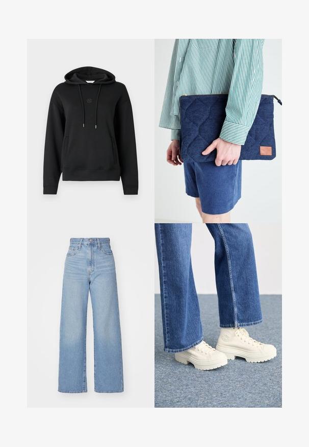 Sudadera con capucha negra hecha de tela suave, con un bolsillo frontal, cordones y un logo sutil bordado en el pecho.; Jeans de tiro alto y pernera ancha en azul claro, con cierre frontal de botón y cremallera, y bolsillos delantero y trasero, sobre un fondo blanco.; Zapatillas deportivas blancas de caña alta con suelas gruesas y estriadas, y detalle de logo circular, combinadas con jeans de mezclilla de pierna ancha en azul claro.; Funda para portátil de denima, diseño acolchado, color azul marino, cremallera dorada, parche de cuero. Sostenida por una persona que lleva una camiseta de rayas verdes.