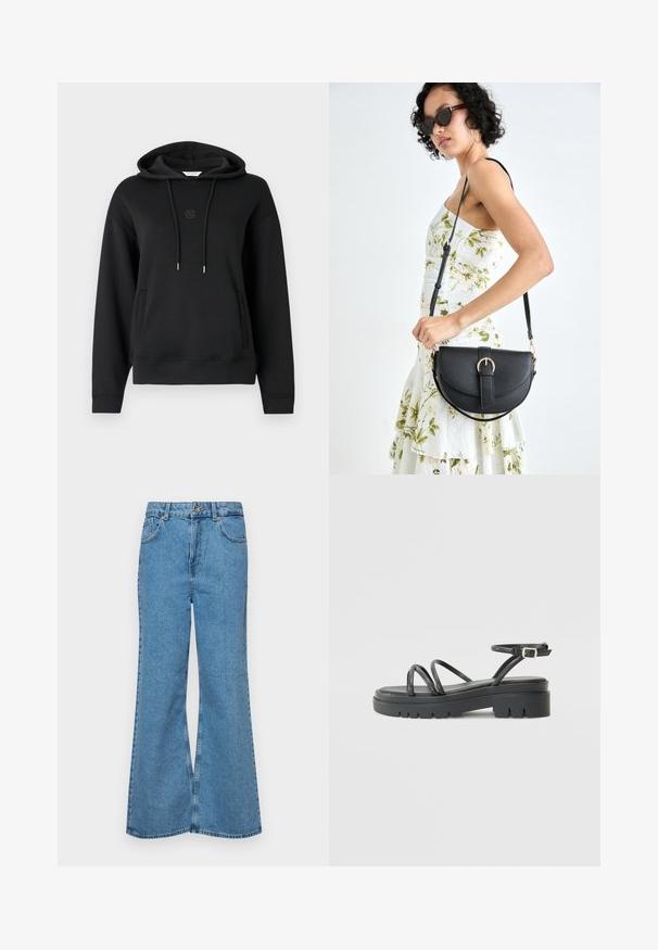 Fekete kapucnis pulóver, puha anyagból készült, elülső zsebbel, húzózsinórral és diszkrét logóval hímzett a mellrészen.; Világoskék, trapézszárú farmernadrág, magas derékkal, öt zsebbel és egy gombos záródással. Puha tapintású, magasított effektusú anyag.; Fekete pántos szandál tömbszerű talppal, vékony pántokkal és csatos bokapánttal. Simább textúrával és strapabíró talp kialakítással rendelkezik.; Fekete bőrtáska ívelt formával, levehető pánttal és arany színű fémrészekkel. A táskán egy csattal díszített fedél található.