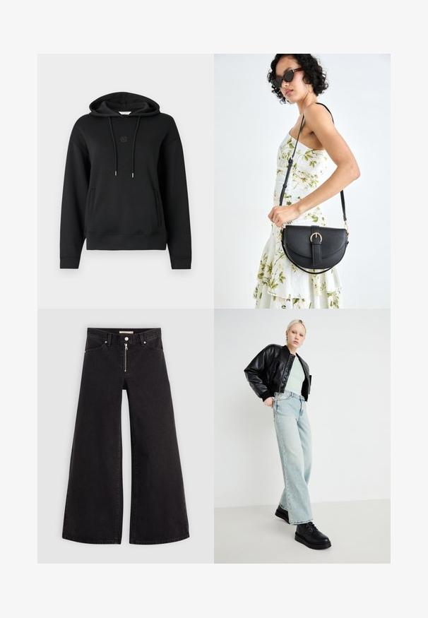 Black hooded sweatshirt made of soft fabric, featuring a front pocket, drawstrings, and a subtle logo embroidered at the chest.; Wide-leg jeans in black denim with a zippered front, five-pocket design, and subtle stitching details. Smooth texture and casual style.; Black leather bomber jacket, mint green shirt, light blue wide-leg jeans, and black lace-up shoes, set against a minimal background.; Black leather handbag with a curved shape, detachable strap, and gold hardware. The bag features a flap with a buckle detail.
