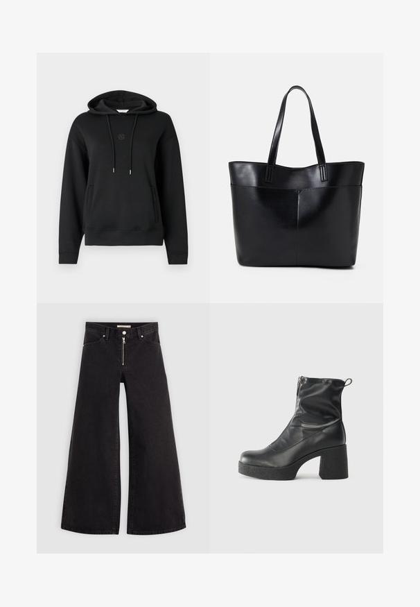 Mustat hupparit, jotka on valmistettu pehmeästä kankaasta, etutaskulla, naruilla ja rintakehällä hienovaraisesti brodeerattu logo.; Mustat leveälahkeiset farkut, joissa on vetoketjufrunti, viisi-taskuinen muotoilu ja hienovaraiset ompelusyyt. Sileä pinta ja rento tyyli.; Mustat nilkkurit, jotka on valmistettu sileästä nahasta. Niissä on sivuvetoketju, paksu teksturoitu korko ja pyöristetty kärki.; Musta nahkainen kassi, jossa on kaksi pitkää kahvaa, sileä pinta ja jämäkkä muoto. Sisältää etutaskun lisävarastointia varten.