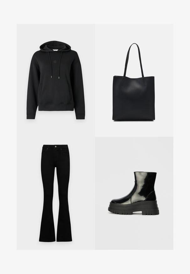 Schwarzer Kapuzenpullover aus weichem Stoff, mit einer vorderen Tasche, Kordeln und einem dezenten Logo, das auf der Brust gestickt ist.; Schwarze hochtaillierte Jeans mit einem Knopf- und Reißverschluss, Fronttaschen und ausgestellten Beinen, flach auf einem weißen Hintergrund ausgelegt.; Schwarze, glänzende Knöchelstiefel mit dickem Profilsohle und abgerundeter Zehenform, Seitenansicht vor einem schlichten, hellgrauen Hintergrund.; Schwarze Laptoptasche aus Leder mit glatter Textur, rechteckiger Form und zwei langen Griffen. Keine sichtbaren Beschläge oder Verzierungen.