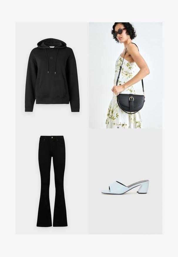 Sudadera con capucha negra hecha de tela suave, con un bolsillo frontal, cordones y un logo sutil bordado en el pecho.; Jeans negros de cintura alta con cierre de botón y cremallera, bolsillos frontales y piernas acampanadas, dispuestos sobre un fondo blanco.; Mules de tacón abierto en azul claro con un diseño geométrico, que cuentan con una amplia tira en el empeine y un tacón grueso y angular.; Bolso de piel negra con forma curva, correa desmontable y herrajes dorados. El bolso cuenta con una solapa con un detalle de hebilla.