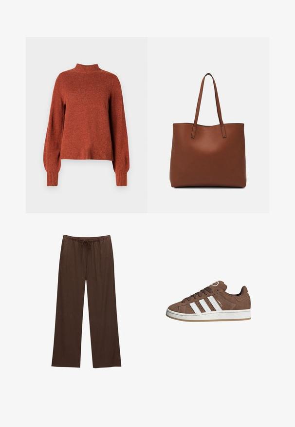 Ruskvärgad långärmad stickad tröja med ribbat mock-krage, ärmslut och nederkant, uppställd mot en enkel vit bakgrund.; Ruske leve široke hlače izdelane iz mehkega materiala, z elastičnim pasom in vrvico ter dvema stranskima žepoma.; Valkoiset nahkareunat ja ruskeat samettikankaiset tennarit, joissa on kumipohja, pyöreä kärki ja nauhakiinnitys edessä. Kengissä on logo kielekkeessä ja rei'itettyjä yksityiskohtia.; Ruskea nahkainen olkalaukku, jossa on sileä pinta, avoin yläosa ja kaksi olkahihnaa. Omaavat vain minimaalisen ompelun eikä näkyvää metalliosaa.