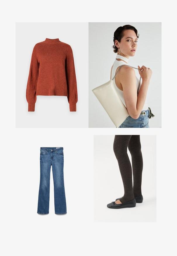 Rozsdabarna, hosszú ujjú kötött pulóver, bordás, állógallérral, mandzsettákkal és szegéllyel, egy sima fehér háttér előtt bemutatva.; Kék farmer trapézfarmer közepes derékkal, két elülső zsebbel és varrott derékpánttal. Puha tapintás és hagyományos öt zsebes kialakítás.; Fekete lapos cipők kis masni díszítéssel az orrán, sötétbarna bordázott harisnyával párosítva. A cipők sima textúrával és alacsony profilúak.; Fehér, téglalap alakú, fényes anyagból készült clutch táska, ezüst láncos pánttal. A modell pózol, bemutatva a táskát egy egyszínű háttér előtt.