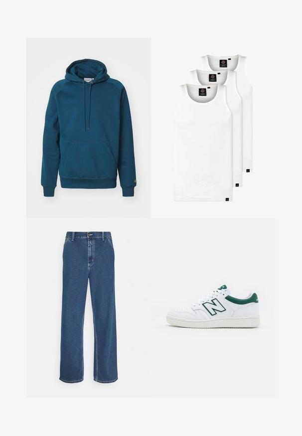 Carhartt WIP HOODED CHASE - Felpa - duck blue/gold; Tre canotte bianche a coste in cotone. Presentano un colletto rotondo e piccole etichette nere vicino all'orlo. Disponibile in diverse taglie.; Jeans in denim blu con taglio dritto, design a cinque tasche, chiusura con bottone metallico e cuciture visibili lungo le cuciture e l'orlo.; Sneaker bianco con accenti verdi, tomaia in pelle, punta perforata, chiusura con lacci e suola in gomma testurizzata. Presenta un logo "N" ben visibile.