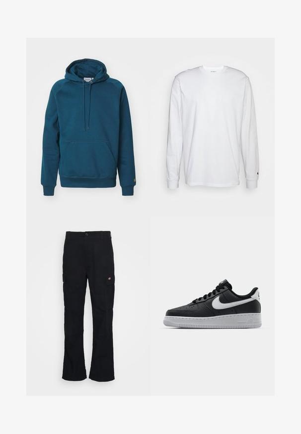 Carhartt WIP HOODED CHASE - Sweatshirt - duck blue/gold; Hvid langærmet T-shirt lavet af bomuld. Rund halsudskæring med ribbede manchetter og et lille logo på venstre ærme. Glat tekstur.; Sorte cargo bukser med lige ben-design, fremstillet af slidstærkt stof, med sidelommer og et patch-logo på venstre side.; Sort lædersneaker med tekstureret overflade, hvid Nike swoosh, grå sål, rund tå og snørebåndsdesign. Har perforeringer på tåboksen.