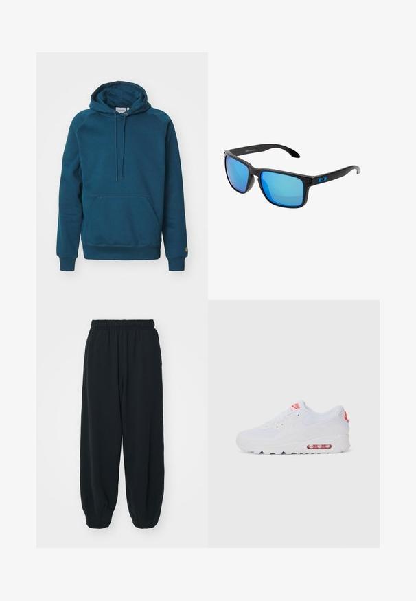Carhartt WIP HOODED CHASE - Mikina s kapucí - duck blue/gold; Černé teplákové kalhoty s elastickým pasem, volným střihem, manžetami na kotnících, hladkým povrchem a bez viditelných vzorů či kovových detailů.; Bílé sportovní tenisky s hladkým svrškem, šněrováním, polstrovanou podrážkou a viditelnou vzduchovou jednotkou s červenými akcenty na značce.; Stylové černé sluneční brýle s modrými zrcadlovými čočkami, čtvercovými rámy a modrým akcentem na spáncích. Vyrobené z lehkého plastového materiálu.