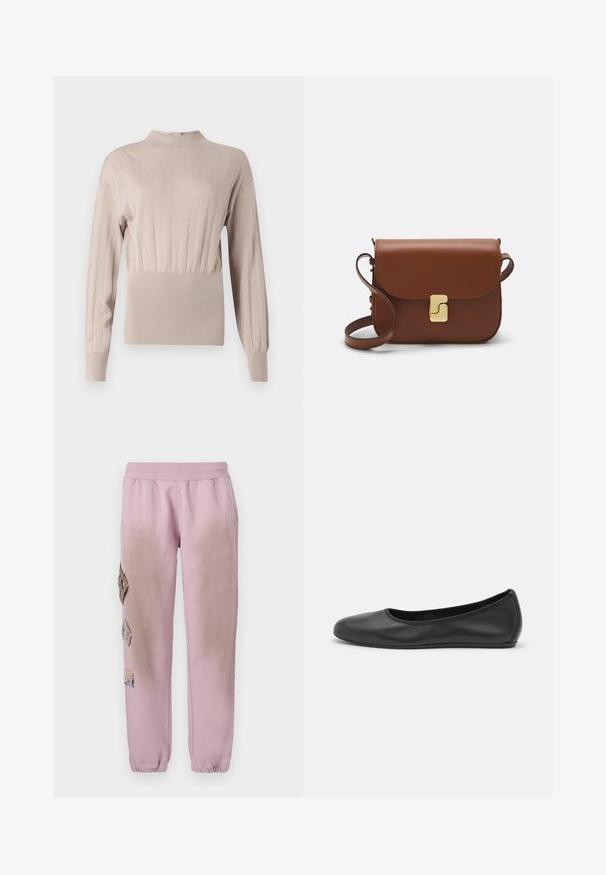 Beige ribbattu pusero korkealla kauluksella, pitkät hihat ja rypytetty vyötärö. Siloinen rakenne, jossa on pystysuorat raidat ja istuva siluetti.; Vaaleanpunaiset hikoiluhousut, joissa on joustava vyötärö, ja vasemmalla puolella koristeellisia timantinmuotoisia alueita, sekä joustavat hihnat nilkoissa.; Musta nahkainen ballerina, jossa on pyöristetty kärki, sileä pinta, minimaalinen ommelkoristelu ja joustava pohjamuotoilu.; Ruskea nahkainen käsilaukku, jossa on läppäkiinnitys, kultasävyiset yksityiskohdat, olkahihna ja sileä pinta. Kompaktin suorakaiteen muotoinen.
