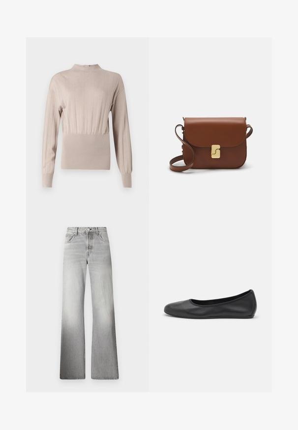 Beige ribbed knit top with a high neck, long sleeves, and gathered waist. Smooth texture with vertical stripes and fitted silhouette.; Gray denim wide-leg jeans featuring a high waist, faded texture, five pockets, and a zip fly with button closure.; Black leather ballet flat with a rounded toe, smooth texture, minimal stitching detail, and a flexible sole design.; Brown leather handbag with a flap closure, gold-tone hardware, a shoulder strap, and a smooth texture. Compact rectangular shape.