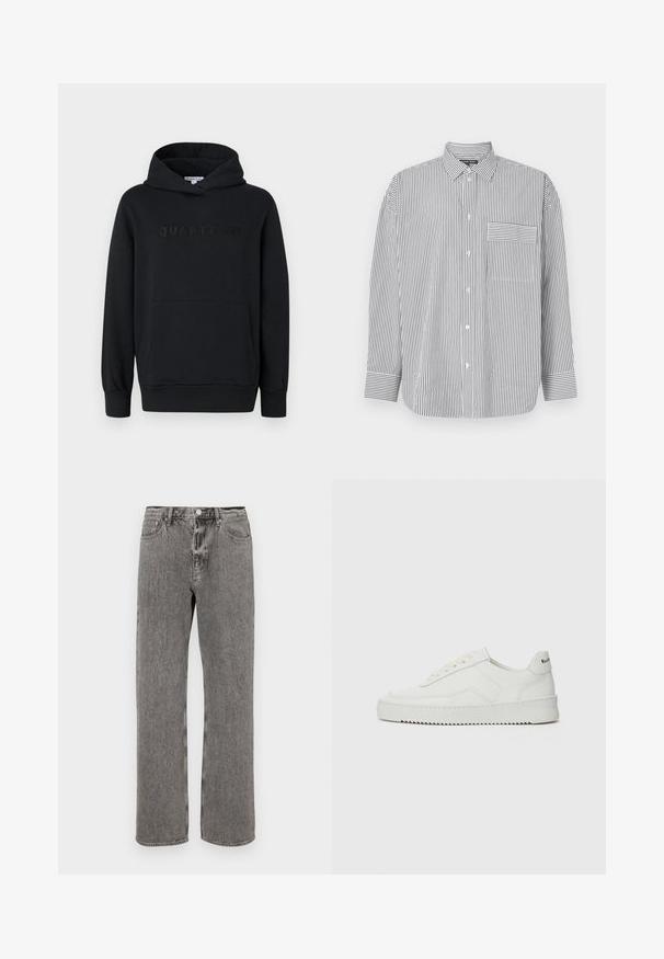 Černá mikina s kapucí, měkká tkanina, design přes hlavu, přední klokaní kapsa, embosované logo "QUARTZ CO" na hrudi, elastické manžety a lem.; Pruhovaná košile na knoflíky v černé a bílé barvě, s dlouhými rukávy, klasickým límcem a náprsní kapsou s horizontálními pruhy.; Šedé denimové džíny s rovnými nohavicemi, pěti-kapsovým designem a knoflíkovým zapínáním v pase. Diskrétní zesvětlená textura po celém povrchu.; Bílé kožené tenisky s hladkým povrchem, kulatou špičkou, plochými tkaničkami a texturovanou podrážkou. Na patě se nachází nenápadné logo.