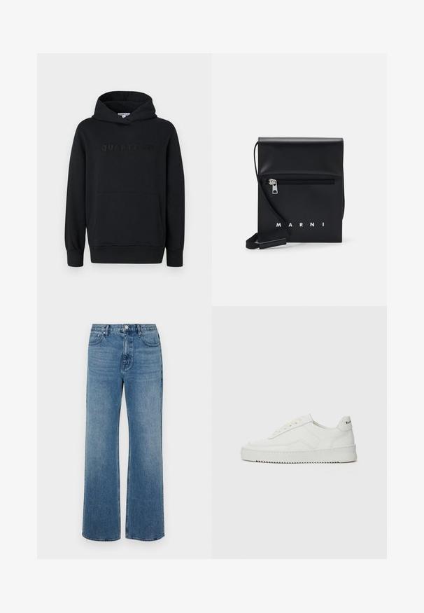 Felpa nera con cappuccio, tessuto morbido, design pullover, tasca frontale a marsupio, logo "QUARTZ CO" in rilievo sul petto, polsini e orlo ribattuti.; Jeans a gamba larga blu in denim con una finitura sbiadita. Presentano cinque tasche, una chiusura con bottone frontale e una vestibilità dritta.; Sneaker in pelle bianca con una finitura liscia, punta rotonda, lacci piatti e suola testurizzata. Presenta un logo discreto sul tallone.; Borsa a tracolla in pelle nera con tasca frontale con zip, logo in rilievo e tracolla regolabile. Texture liscia con una forma strutturata.