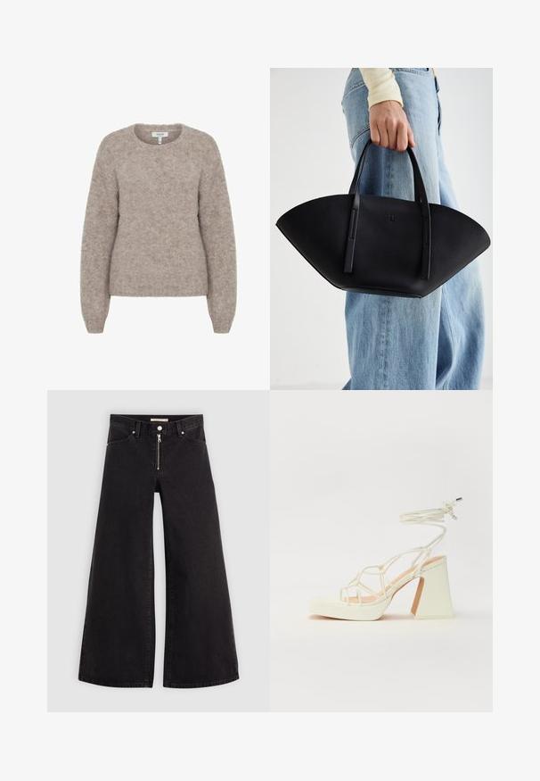 b.young BYMILLER - Trui - humus melange; Wijdvallende jeans van zwarte denim met een ritssluiting aan de voorkant, vijf zakken en subtiele stikdetails. Soepele textuur en casual stijl.; Witte hoge hakken sandaal met een chunky hak, met een bandjesontwerp en enkelband. Gladde textuur met een plateau voor extra hoogte.; Zwarte leren handtas met een unieke waaier vorm, voorzien van platte handvatten. Het oppervlak heeft een gewelfde textuur en een minimalistisch ontwerp.
