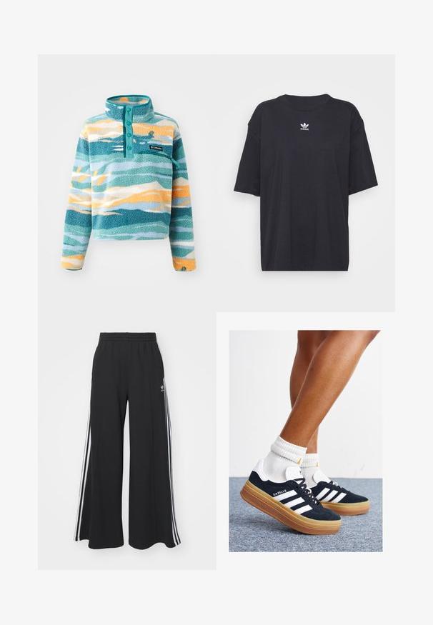 Fleece genser med høy krage, med blå, grønn og oransje bølgemønstre. Inkluderer fire teal-knapper og en brystlomme.; Svart bomull T-skjorte med korte ermer, rund halslinje, med en hvit Adidas-logo på brystet. Enkel design, avslappet passform.; Svart vide joggebukser med elastisk midjebånd, med hvite sidestriper og brodert logo på venstre lår.; Svarte sneakers i semsket skinn med hvite striper og detaljer, rund tå, yttersåle i gummigummi, kombinert med hvite ribbestrikkede crew-sokker.