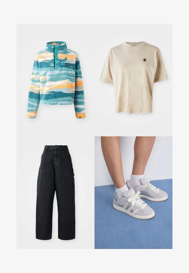 Fleecový pulovr s vysokým límcem, s modrými, zelenými a oranžovými vlnovými vzory. Obsahuje čtyři tyrkysové knoflíky a náprsní kapsu.; Beige bavlněné tričko s uvolněným střihem, kulatým výstřihem, krátkými rukávy a malou čtvercovou nášivkou na levé části hrudi.; Černé široké pracovní kalhoty z denimu s vysokým pasem, dvěma velkými předními kapsami a knoflíkovým zapínáním v pase. Hladká textura, ležérní design.; Šedé semišové tenisky s bílými tkaničkami a gumovou podrážkou, s třemi šikmými pruhy po straně a logem na jazyku.