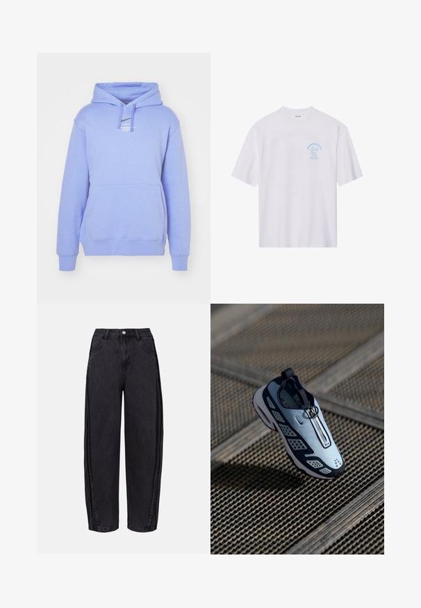 Nike Sportswear HOODIE - Sportinis megztinis - royal pulse; Balta medvilninė marškinėliai su mėlynu grafikiniu dizainu kairiajame krūtinės kampe, kuriame yra užrašas "Dumpling Oasis" su paprastais animacinių filmų akcentais. Trumpomis rankovėmis.; Juodos plačios džinsinės kelnės iš lygios tekstūros džinsinio audinio. Turi aukštą liemenį, priekinės kišenes ir mygtuko uždarymą liemens srityje.; Nike sportbačiai turi beužsegamą dizainą, šviesiai mėlyną viršutinę dalį, juodus akcentus ir perforuotas šonines dalis. Apvalus pirštas ir tekstūruota pado dalis.