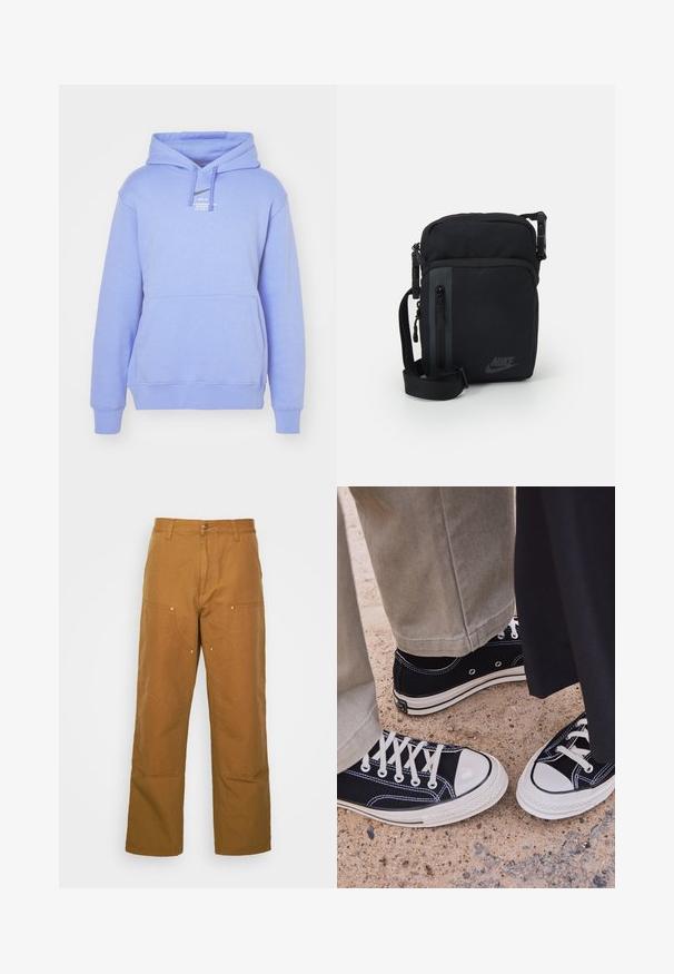 Nike Sportswear HOODIE - Sweatshirt - royal pulse; Hvid bomulds T-shirt med rund halsudskæring, korte ærmer og et lille sort "W.W." logo på venstre bryst. Glat tekstur, almindelig pasform.; Brune bomuldsarbejdsbukser med lige ben-design, der har frontlommer og metalhardware detaljer for ekstra holdbarhed.; Sorte lærreds sneakers med hvide gummikapsler og snørebånd. Kontraststing og metaløjer tilføjer detaljer. Båret med beige bukser og sort stof.; Sort nylon crossbody taske med lynlåslommer, justerbar rem og subtilt logo-detalje på forsiden. Glat tekstur og rektangulær form.