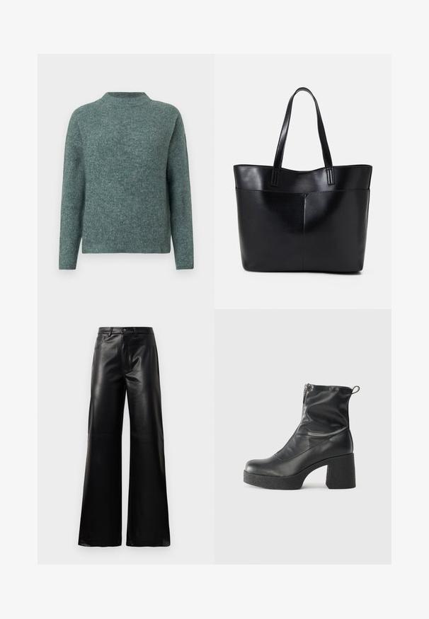 Grønn ribbestrikket genser med høy hals og lange ermer. Myk tekstur, avslappet passform og subtile nyanseforskjeller gjennom hele plagget.; Sorte høy midje vide ben bukser i imitert skinn med knapp foran, glidelås, beltehemper og sidelommer på hvit bakgrunn.; Svarte ankelstøvler laget av glatt lær, med glidelås på siden, chunky strukturert hæl, og rund tå-design.; Svart lær toteveske med to lange håndtak, en glatt tekstur og en strukturert form. Har en frontlomme for ekstra oppbevaring.