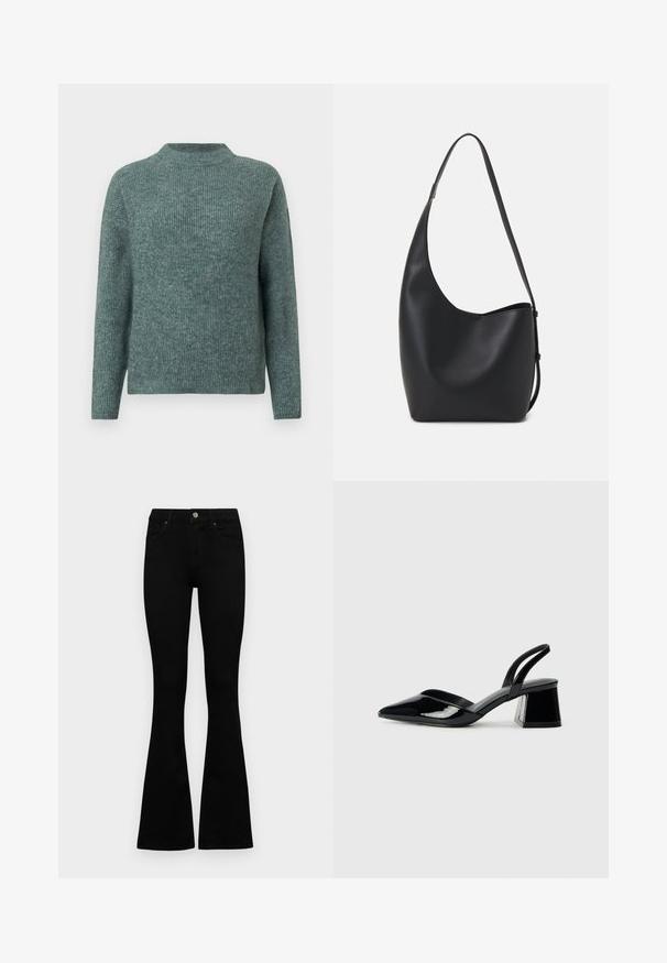Grüner Rippenstrickpullover mit hohem Ausschnitt und langen Ärmeln. Weiche Textur, lockere Passform und subtile Farbnuancen im ganzen Kleidungsstück.; Schwarze hochtaillierte Jeans mit einem Knopf- und Reißverschluss, Fronttaschen und ausgestellten Beinen, flach auf einem weißen Hintergrund ausgelegt.; Schwarze Lackleder-Slingback-High Heels mit spitzem Schuh und einem geometrischen Blockabsatz. Verfügt über ein schlankes, minimalistisches Design und eine glatte Textur.; Schwarze Leder-Hobo-Tasche mit einer glatten Textur, geschwungener Form und einem einzelnen verstellbaren Tragegurt; verfügt über eine weite Öffnung am oberen Ende.