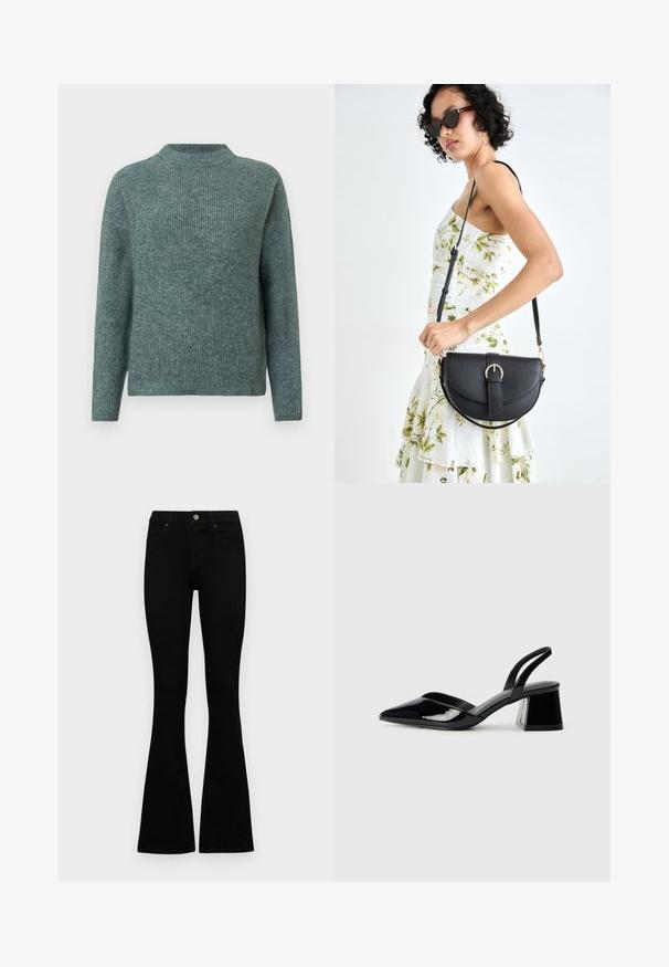 Green ribbed knit sweater with a high neckline and long sleeves. Soft texture, relaxed fit, and subtle variations in shade throughout.; Black high-waist jeans with a button and zip closure, front pockets, and flared legs laid flat on a white background.; Black patent leather slingback heels with a pointed toe and a geometric block heel. Features a sleek, minimal design and smooth texture.; Black leather handbag with a curved shape, detachable strap, and gold hardware. The bag features a flap with a buckle detail.