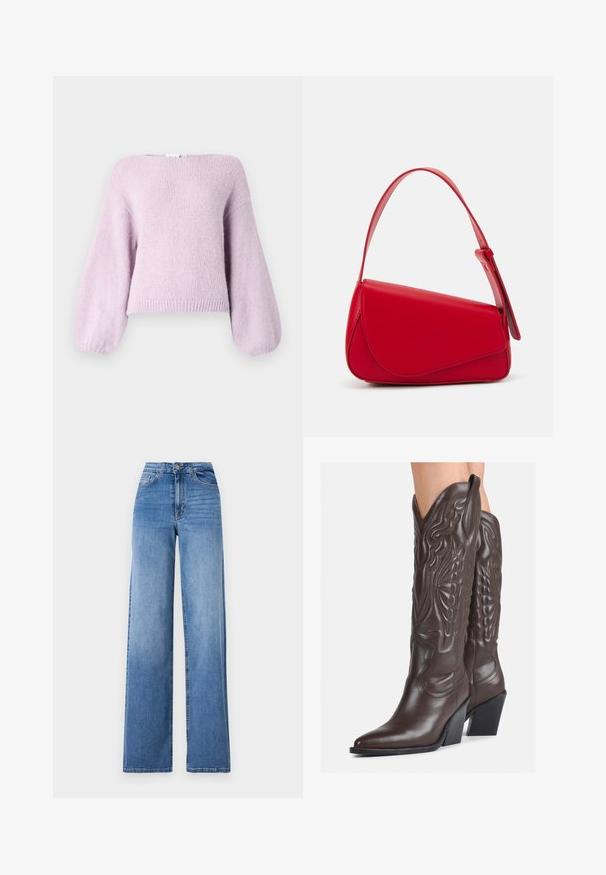 Hele lilla kootud sviiter, millel on lõtv lõige, laiad puhvärvid ja soonikserv. Pehme tekstuur ja ümar kaelus.; Heledad sinised laiad püksid, mis on valmistatud denimist, kõrge vöökohaga, esi-taskute ja tavapärase nupuga sulgemisega. Sile tekstuur.; Pruunid nahast cowboy saapad terava varbaga ja plokk-kandaga, millel on detailne tikand ja kergelt tõstetud aktsendid varrel.; Punane nahast käekott, millel on nurkadega geomeetriline disain. Omab ühte reguleeritavat rihma ja klappidega sulgemist, millel on õmblustega kaunistused.; Hõbedased rõngastikkaehingad minimalistlikus disainis. Ümar kuju, sile tekstuur ja õhuke profiil. Kerged ning poleeritud viimistlusega.