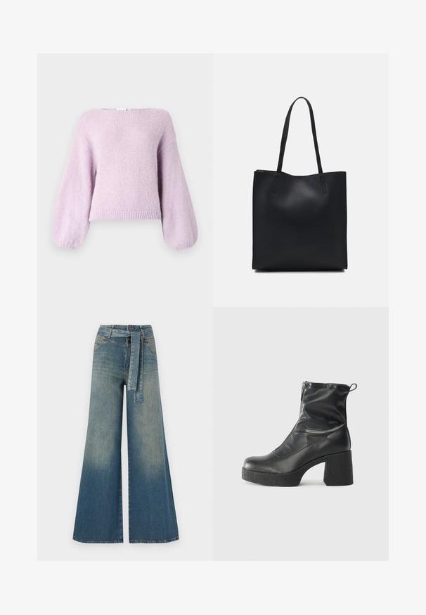Helllila gestrickter Pullover mit lockerer Passform, weiten Puffärmeln und geripptem Saum. Weiche Textur und runder Ausschnitt.; Weit geschnittene Denim-Hosen mit einem Farbverlauf von hellblau zu dunkelblau, hoher Taille, Gürtelschlaufen und einem passenden Stoffgürtel. Strukturierte Denim-Oberfläche.; Schwarze Stiefeletten aus glattem Leder mit seitlichem Reißverschluss, klobigem strukturiertem Absatz und runder Zehenform.; Schwarze Laptoptasche aus Leder mit glatter Textur, rechteckiger Form und zwei langen Griffen. Keine sichtbaren Beschläge oder Verzierungen.