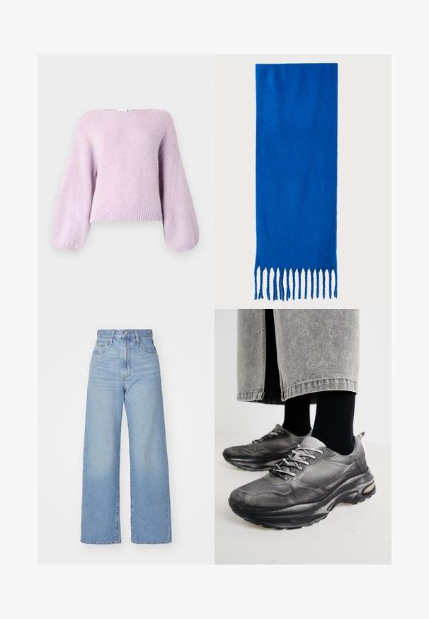 Lichtpaarse gebreide trui met een losse pasvorm, brede pofmouwen en een ribbelrand. Zachte textuur en een ronde halslijn.; Lichtblauwe high-waist wijde jeans met een knoop- en ritssluiting aan de voorkant, voor- en achterzakken, op een witte achtergrond.; Zwarte en grijze sport schoenen hebben een mesh bovenkant, dikke zolen en veters. Ze hebben een ronde neus en zichtbare dempingsdetails.; Blauwe sjaal met franjes, gemaakt van zachte stof; heeft een effen kleur met een gestructureerd oppervlak en gelijkmatig gesneden franjes aan de onderkant.; Zwarte leren handtas met een gebogen vorm, afneembare schouderband en gouden hardware. De tas heeft een klep met een gespsluiting.