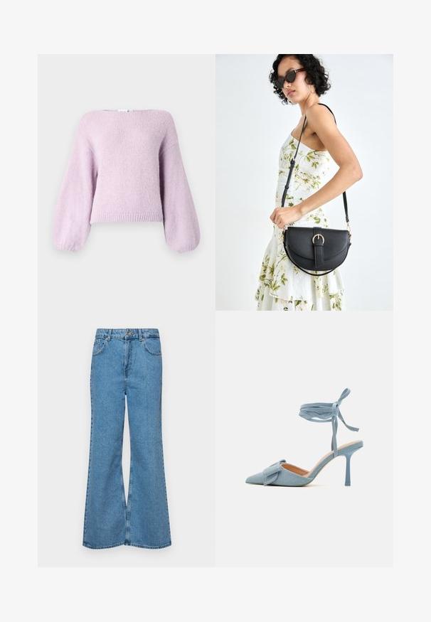 Svetlo vijoličast pulover, pleten v ohlapnem kroju z širokimi naborki na rokavih in rebrastim robom. Mehka tekstura in okrogla ovratnika.; Svetlo modri razširjeni džins hlače iz denima, z visokim pasom, petimi žepi in enim gumbom za zapiranje. Mehka tekstura z blagim zbledelim videzom.; Visoke pete s izostrenim nosom v svetlo modrem blagu z teksturiranim videzom, ki vključuje poudarek z mašnjo in trak okoli gležnja za varno prileganje.; Črna usnjena torbica s ukrivljeno obliko, z odstranljivo naramnico in zlatimi dodatki. Torbica ima pokrov s podrobnostmi v obliki zaponke.