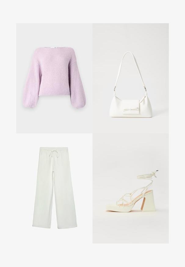 Světle fialový pletený svetr s volným střihem, širokými balónovými rukávy a žebrovaným lemem. Měkká textura a kulatý výstřih.; Bílé kalhoty s širokými nohavicemi vyrobené z měkké tkaniny. Mají elastický pas se stahovací šňůrkou a hladkou strukturu. Žádné viditelné vzory ani kovové prvky.; Bílé sandály na vysokém podpatku s robustním podpatkem, s designem s pásky a zavazováním kolem kotníku. Hladký povrch s platformou vpředu pro zvýšení výšky.; Bílá syntetická kabelka v trojúhelníkovém tvaru, s plochým předním klopným víkem a detailem mašle, nastavitelným popruhem, hladkým povrchem a minimalistickým designem.