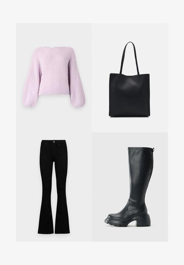 Šviesiai purpurinė megzta svaja su laisvai krentančiu siluetu, plačiais pūkuotais rankovėmis ir briaunotu apvadu. Minkšta tekstūra ir apvalus iškirpimas.; Juodos aukšto liemens džinsai su mygtuku ir užtrauktuku, priekinėmis kišenėmis ir platėjančiomis kojomis, išdėstyti ant baltos fono.; Ilgas juodos odinės batai su masyvi platforma ir stačiakampiu kulnu, turintys traukimo kilpą ir tekstūruotą pado raštą.; Juodas odinis tote krepšys su lygia tekstūra, stačiakampio formos ir dviem ilgais rankenomis. Matomų metalinių detalių ar puošybos nėra.