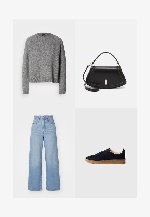 Grau gestrickter Pullover mit rundem Ausschnitt, langen Ärmeln und gerippten Manschetten und Saum. Weiche Textur; minimalistisches Design ohne Muster oder Akzente.; Hellblaue High-Waist-Weite-Leg-Jeans mit Knopf- und Reißverschluss vorne, Vorder- und Rückentaschen, auf weißem Hintergrund.; Marineblaue Wildledersneaker mit einer gum Rubber-Sohle, blauen Schnürsenkeln und minimalistischem Design. Verfügt über ein eingeprägtes Logo an der Seite und ein glattes Innenfutter.; Schwarze Lederhandtasche mit einem strukturierten Design, das eine verkürzte Form, einen oberen Griff und goldfarbene Hardware-Details aufweist. Verstellbarer Schulterriemen ist enthalten.