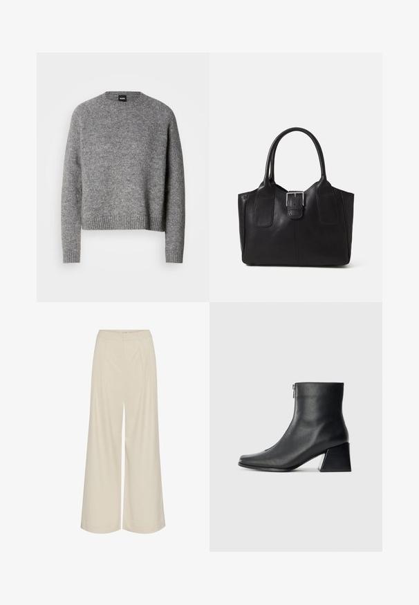 Γκρι πλεκτό πουλόβερ με στρογγυλή λαιμόκοψη, μακριά μανίκια και ριχτές μανσέτες και στρίφωμα. Μαλακή υφή; μινιμαλιστικός σχεδιασμός χωρίς σχέδια ή διακοσμητικά στοιχεία.; Ανοιχτού χρώματος μπεζ παντελόνι με φαρδιές γραμμές, χαρακτηριστικά πτυχώσεις, ψηλή μέση και λεία υφή χωρίς ορατές διακοσμήσεις.; Μαύρη δερμάτινη μπότες έως τον αστράγαλο με τετράγωνη μύτη, πλαϊνό φερμουάρ και τετράγωνη τακούνι σε απλή ανοιχτόχρωμη φόντο.; Μαύρη δερμάτινη τσάντα tote με λείο υφή, δομημένο σχήμα, δύο λαβές και επιφανές ασημένιο κούμπωμα μπροστά.