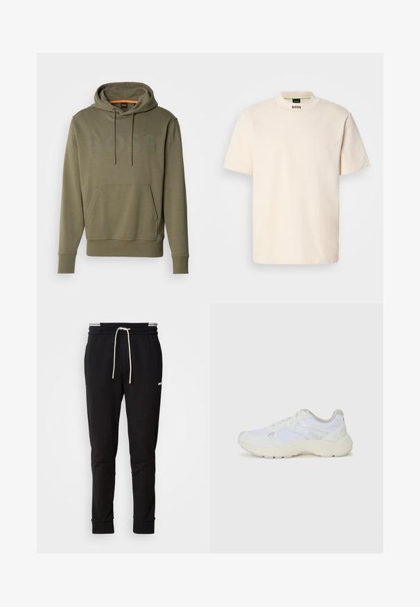 Olive green hoodie with a large "BOSS" logo in a slightly darker shade. Features a front kangaroo pocket and adjustable drawstring hood.; Cream-colored short-sleeve T-shirt with a high collar, featuring "BOSS" printed in black on the front neck and inside label.; Black slim-fit jogger pants with white drawstring, ribbed cuffs, and subtle logo on the upper thigh against a plain background.; White athletic shoes made of mesh and suede, featuring a textured midsole, textured accents, and "HUGO" logo on the side.