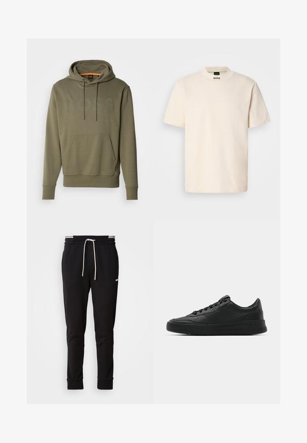 Hanorac verde măsliniu cu un logo mare "BOSS" într-o nuanță ușor mai închisă. Dispune de un buzunar frontal tip kangaroo și glugă cu șnur ajustabil.; Tricou scurt cu mânecă, de culoare crem, cu guler înalt, având imprimat în negru "BOSS" pe gulerul din față și pe eticheta interioară.; Pantaloni jogger slim-fit negri cu șnur alb, manșete ribbate și un logo discret pe coapsa superioară, pe un fundal simplu.; Nike sport cu partea superioară din piele netedă, vârf rotund, sireturi plate, guler căptușit și design minimalist. Talpă din cauciuc cu un model discret de profil.