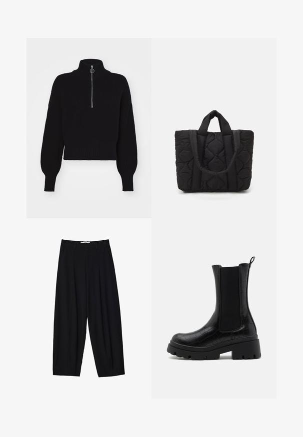 ONLY ONLFOLLY czarny; Czarne szerokie spodnie wykonane z lekkiego materiału, z plisami z przodu, klasycznym paskiem w talii i kieszeniami bocznymi. Gładka tekstura.; Czarne botki za kostkę z fakturowanym wykończeniem imitującym krokodylą skórę, elastycznymi bocznymi panelami oraz masywną czarną podeszwą dla lepszej przyczepności i stabilności.; Czarna pikowana torba tote z dwiema wytrzymałymi uchwytami, wykonana z teksturowanej tkaniny w diamentowy wzór, zapewniająca trwałość i styl.