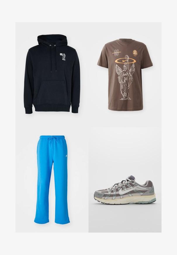 Felpa preta feita de um tecido em mistura de algodão, com um bolso frontal tipo bolsa, capuz com cordão e design gráfico branco no peito.; T-shirt de algodão castanho com um gráfico em contorno branco de uma estátua alada, logótipo da Nike e formas abstratas em laranja, com mangas curtas e decote redondo.; Calças de fato azuis feitas de um tecido macio, apresentando um corte relaxado, um cós elástico com cordão e um pequeno logo branco no lado esquerdo.; Sapatilha atlética cinza com parte superior em malha e camurça, detalhes brancos, sola acolchoada e um design distinto com elementos refletivos.