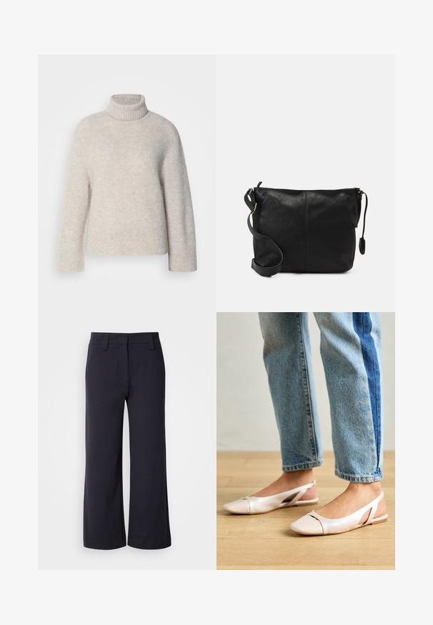 Light grey turtleneck sweater made of textured fabric. Features a ribbed collar and cuffs, with a small logo detail at the hem.; Wide-leg trousers in dark navy fabric. Features a flat front, belt loops, and side pockets. The material is smooth with a slight stretch.; Pale pink slingback flats with a pointed toe, made from a smooth leather-like material. Features cut-out details at the sides and a flat heel.; Black leather crossbody bag with a flat shape, gold hardware accents, and an adjustable strap. Smooth texture with minimal stitching details.