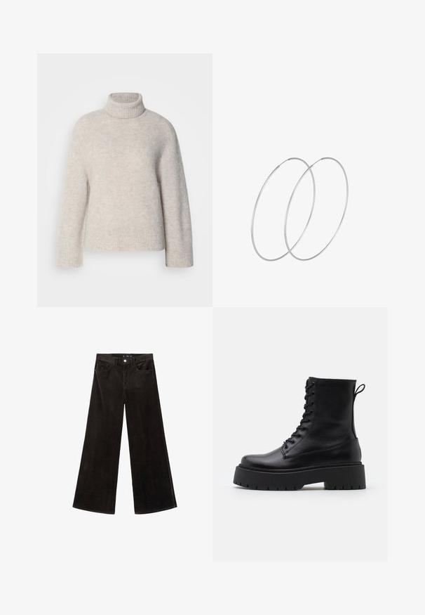 Svetlorozový rolák vyrobený z textúrovanej tkaniny. Má rebrovaný golier a manžety, s malým logom na leme.; Čierne kordové nohavice so širokými nohavicami a vysokým pásom, vrchné vrecká a textúrovaná látka, s gombíkovým zapínaním a pútkami na opasok.; Čierne kožené členkové topánky s okrúhlou špičkou, šnurovaním vpredu a hrubou gumovou podrážkou s textúrovaným vzorom. Sťahovací pútko na zadnej strane.; Strieborné kruhové náušnice s minimalistickým dizajnom. Cirkulárny tvar, hladký povrch a tenký profil. Ľahké s lesklým povrchom.